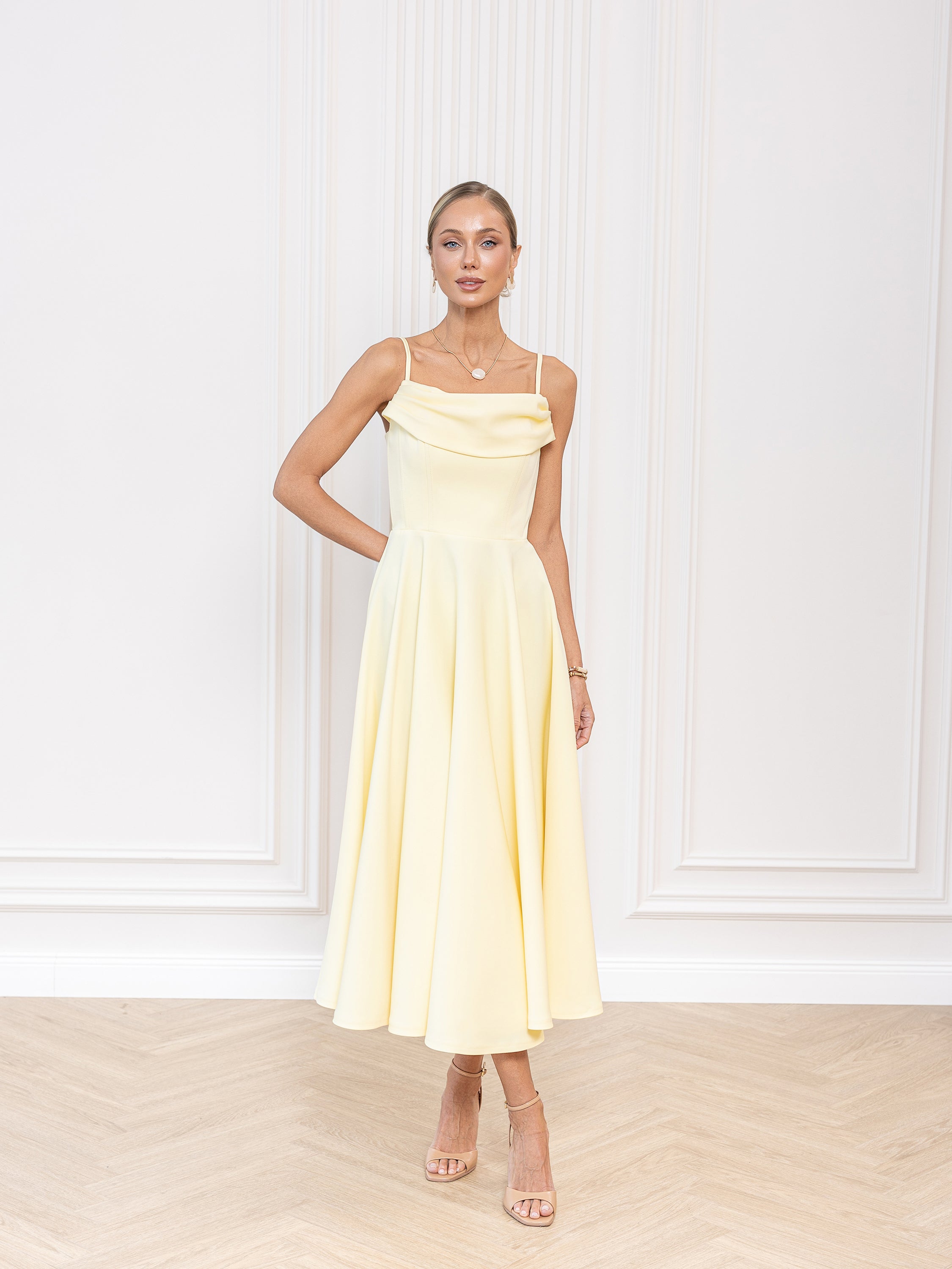 Nefeli Yellow Cowl-Neck A-Line Spaghetti-Strap Midi Dress