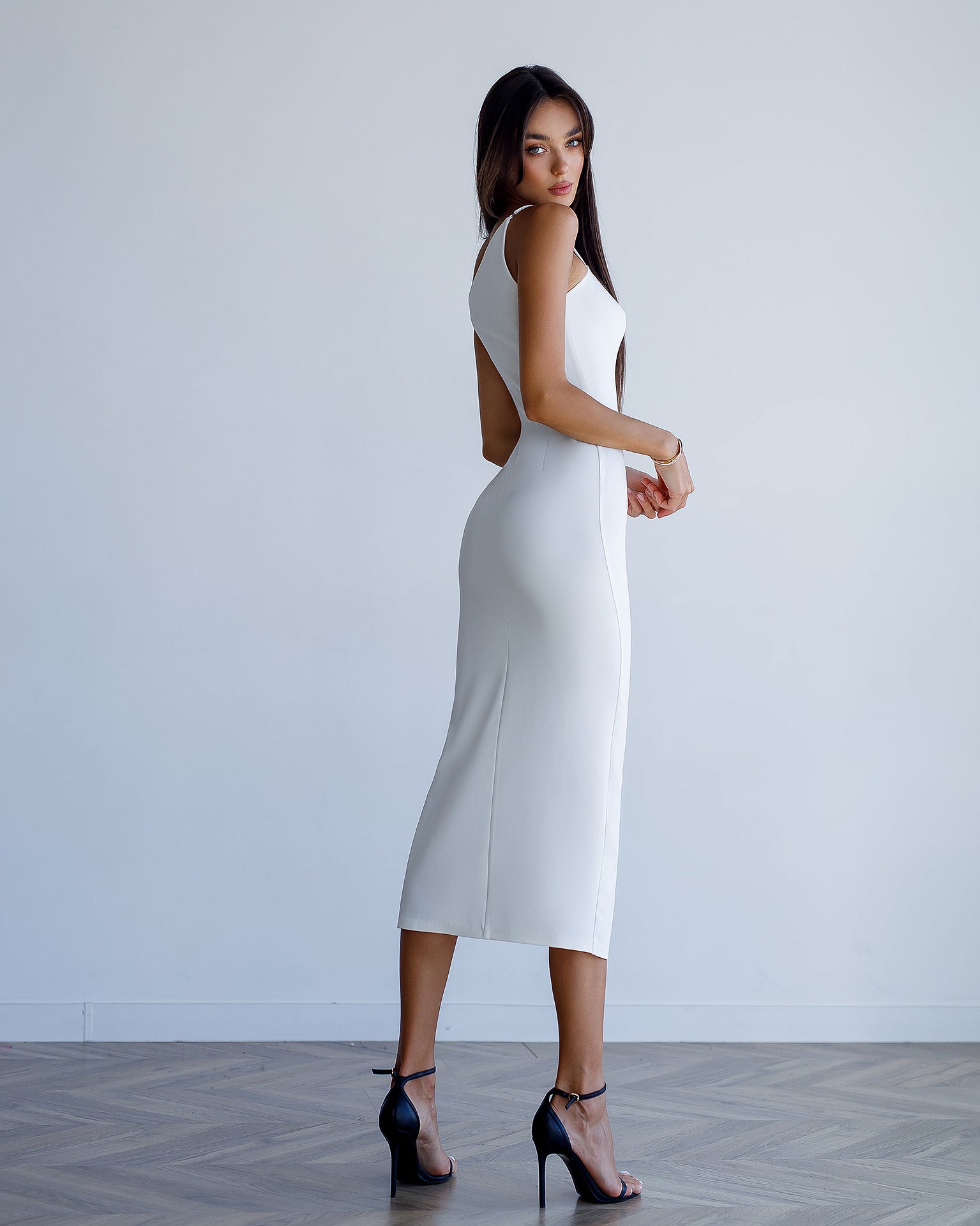 White Asymmetric Neckline Midi Dress