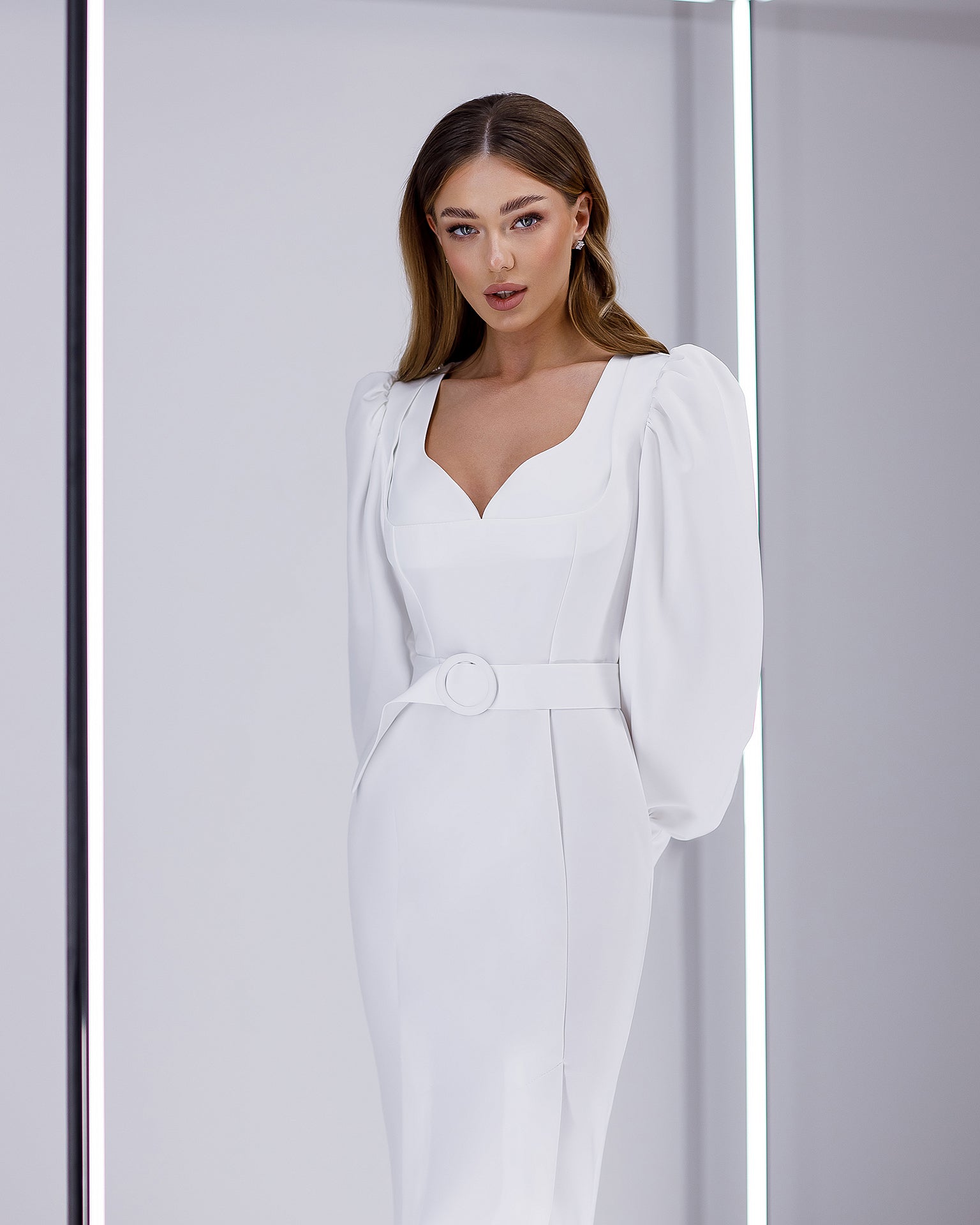 White Puff-Sleeve Belted Midi Dress