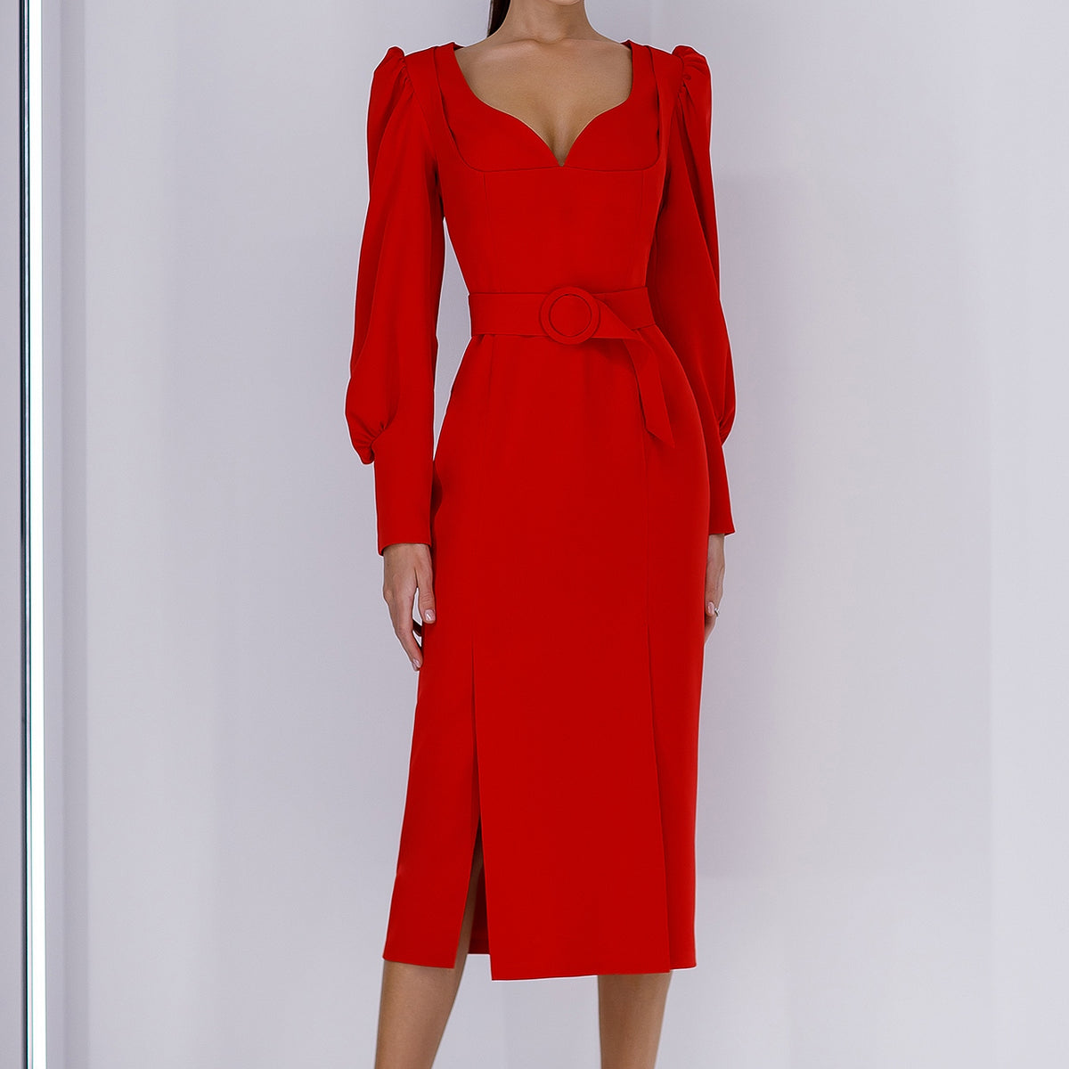 Red Puff-Sleeve Belted Midi Dress – ELAGIA