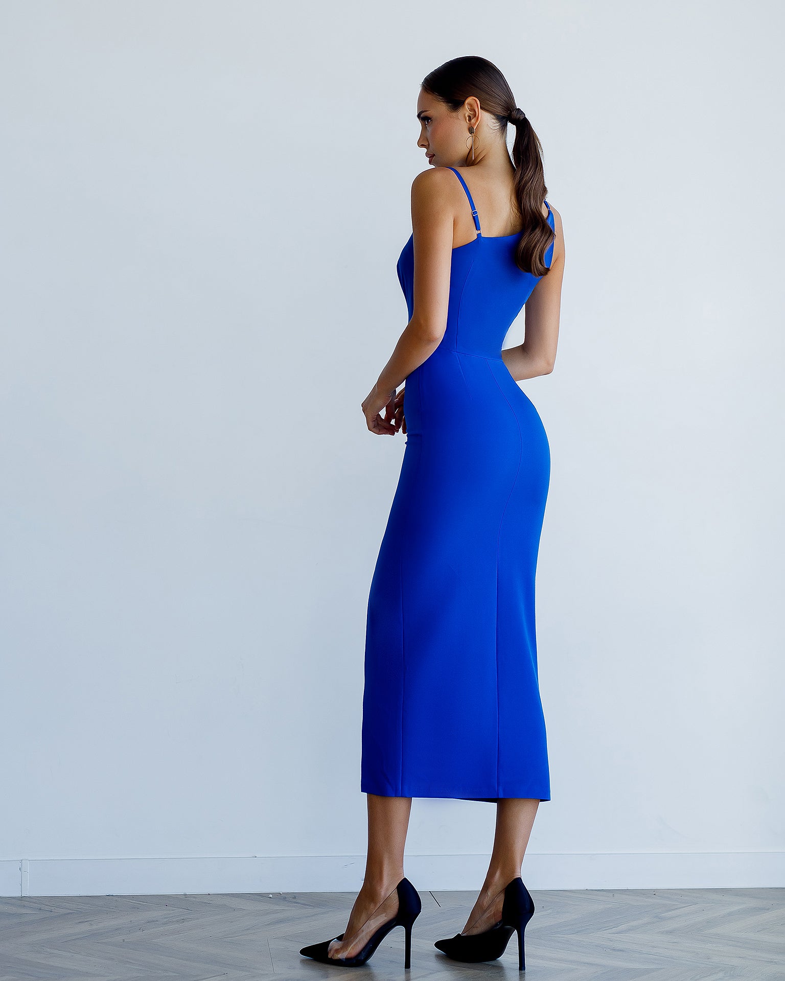 Blue Asymmetric Neckline Midi Dress