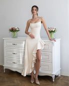 Bianca Beige Asymmetric Ruffled Slip Midi Dress - front view | ELAGIA