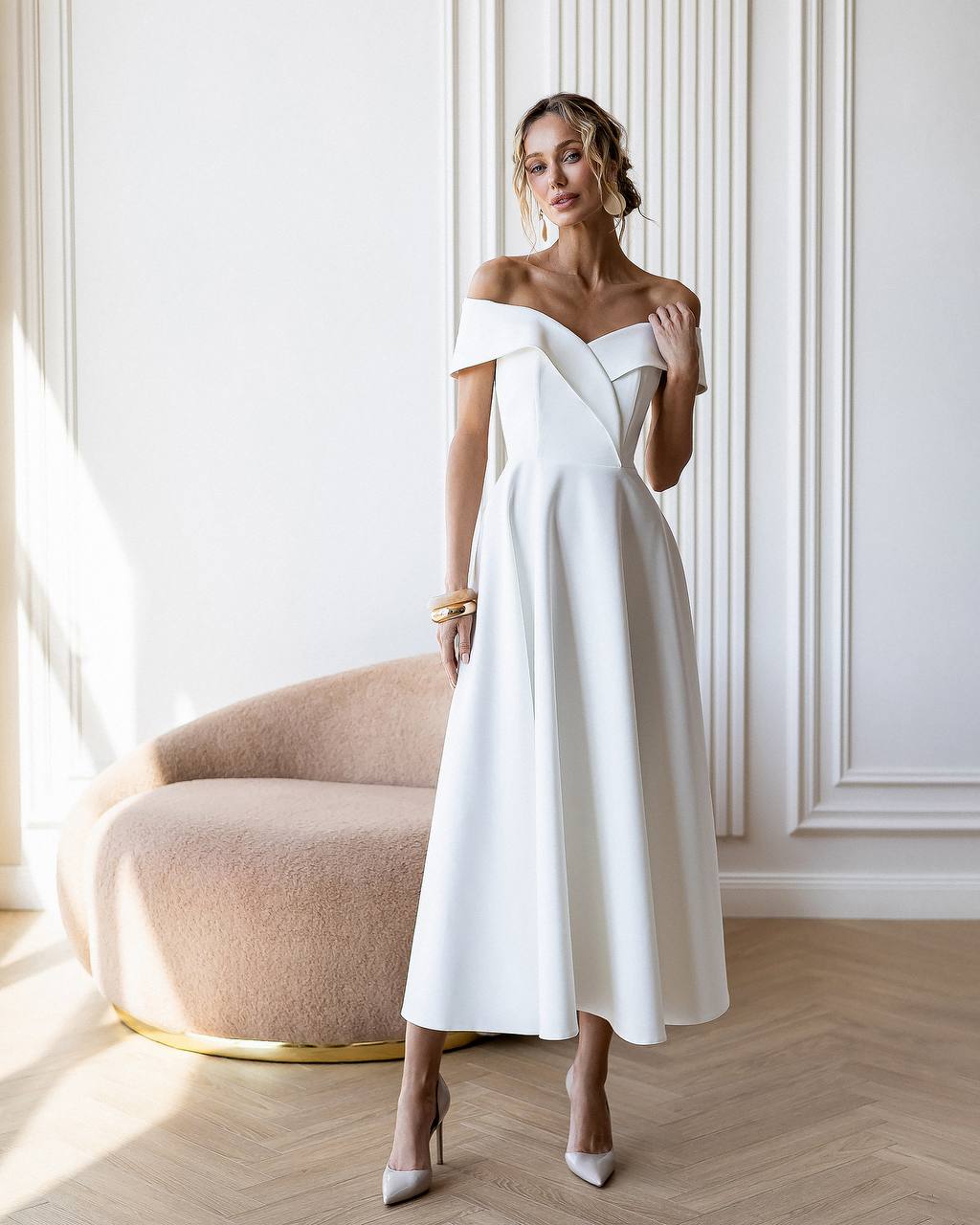 Cosima White Off-The-Shoulder A-Line Midi Dress