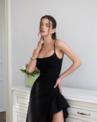 Bianca Black Asymmetric Ruffled Slip Midi Dress - back view | ELAGIA