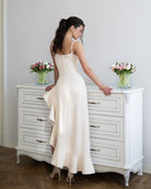 Bianca Beige Asymmetric Ruffled Slip Midi Dress - side view | ELAGIA