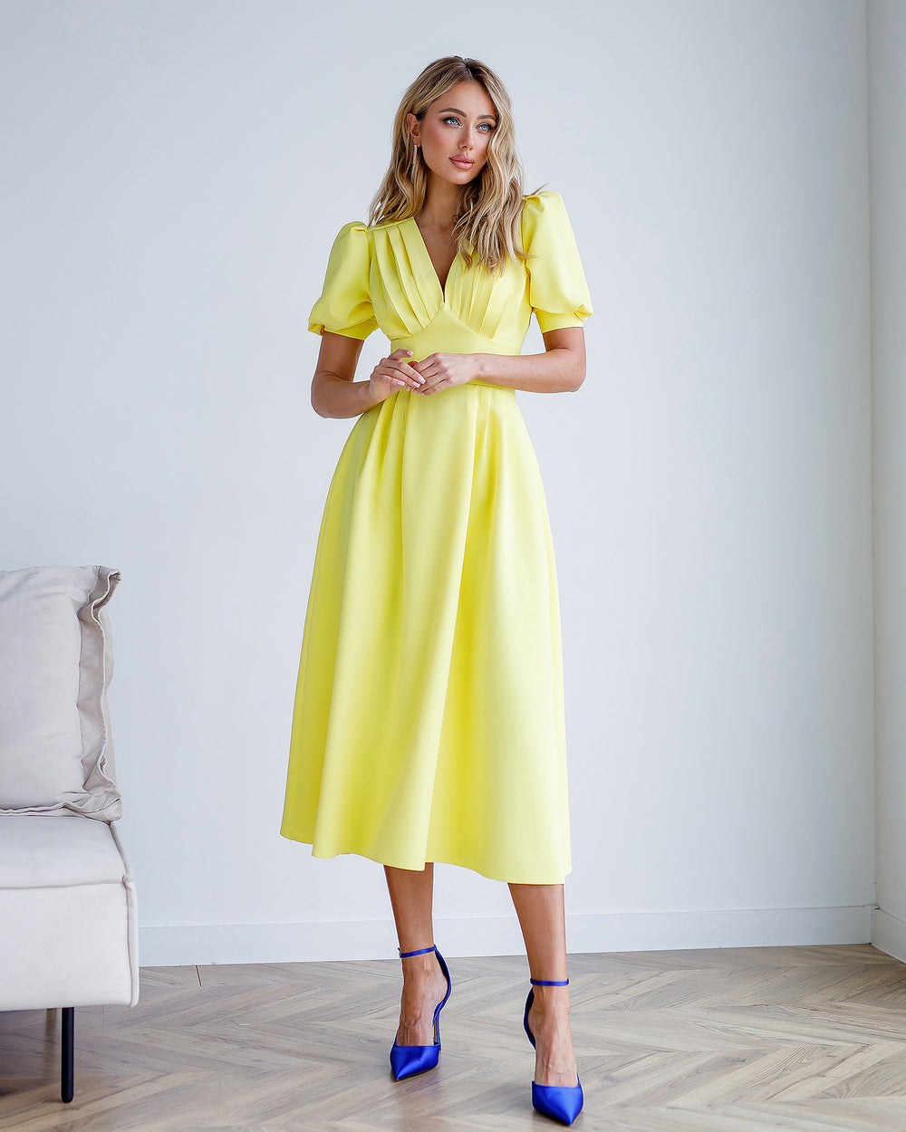 Urbann-Vibe Printed Yellow V Neck Cotton Dress For Women Breathable Summer Effortless Chic main image 1
