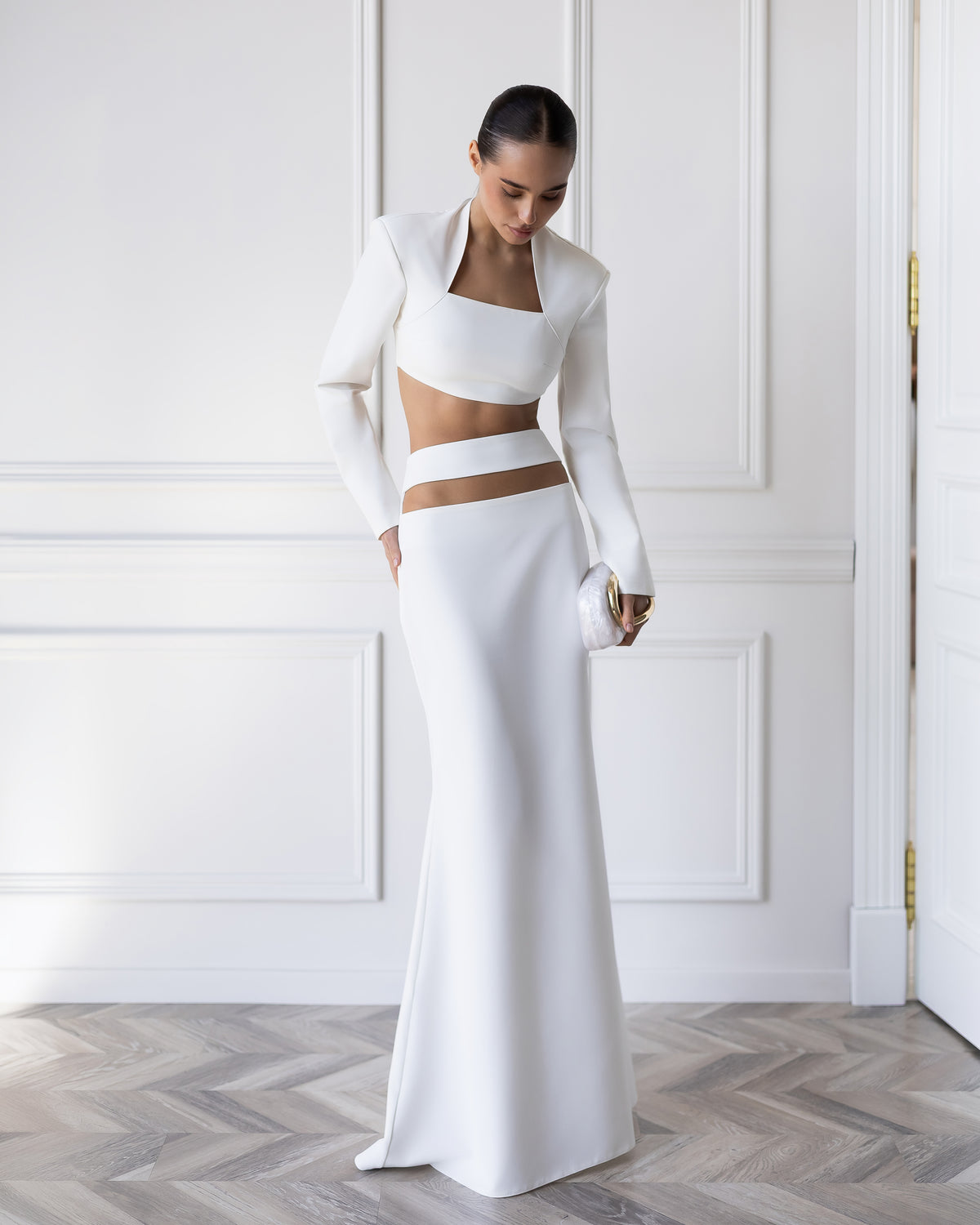 Elettra White Cut-Out Long-Sleeve Top & Maxi Skirt 2-Piece Set