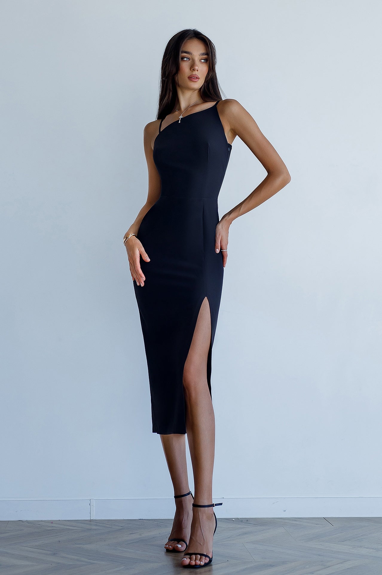 Black Asymmetric Neckline Midi Dress