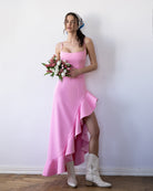 Bianca Dusty-Pink Asymmetric Ruffled Slip Midi Dress - front view | ELAGIA