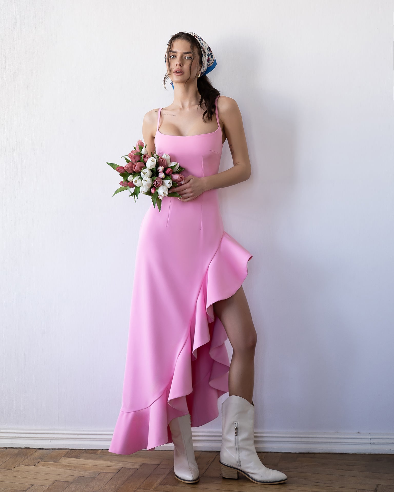 Bianca Dusty-Pink Asymmetric Ruffled Slip Midi Dress - front view | ELAGIA