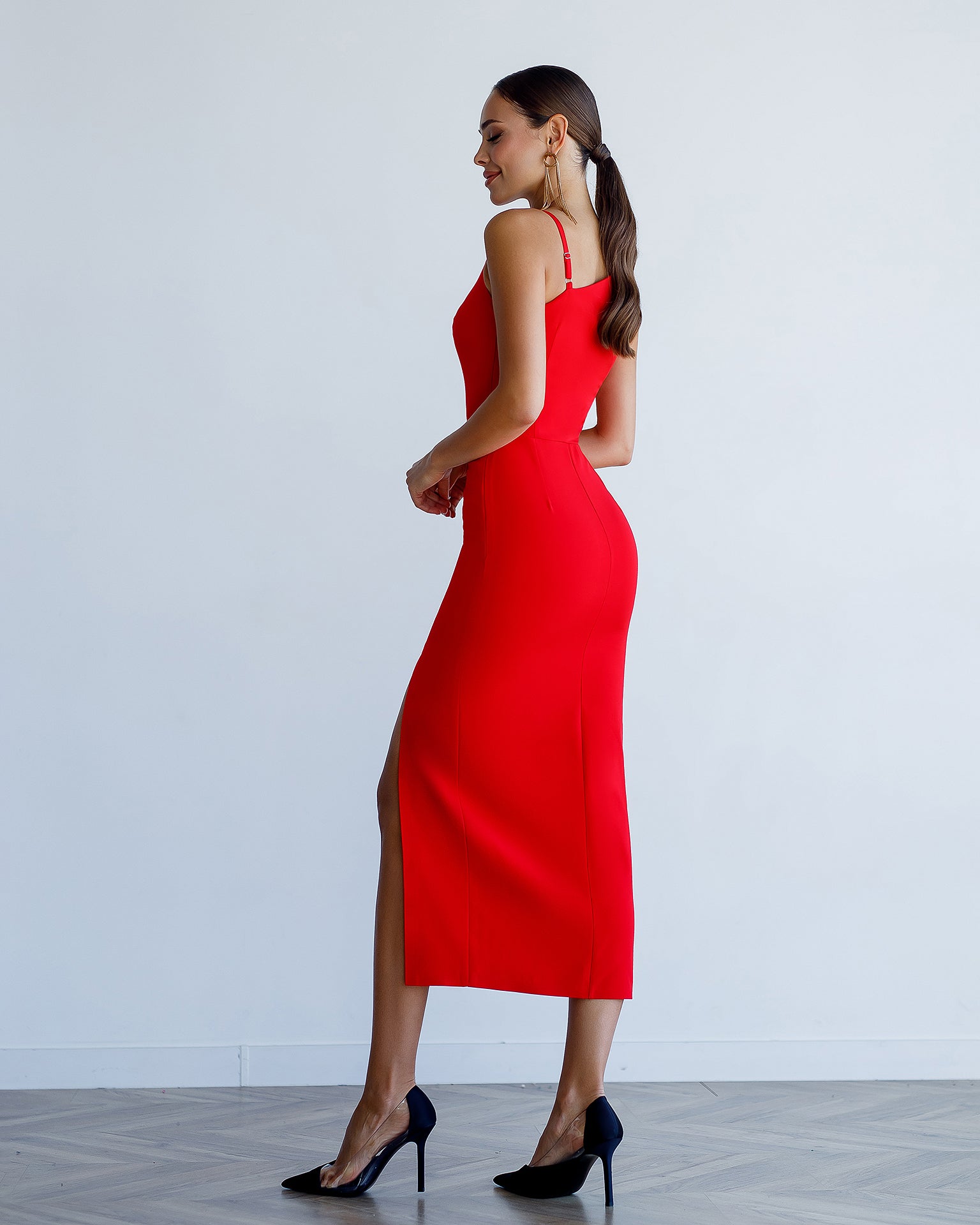 Red Asymmetric Neckline Midi Dress