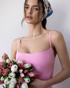 Bianca Dusty-Pink Asymmetric Ruffled Slip Midi Dress - styled look | ELAGIA