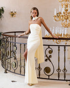 Yellow strapless neck scarf draped maxi in crepe fabric, front view showcasing corseted bodice