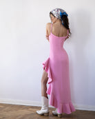 Bianca Dusty-Pink Asymmetric Ruffled Slip Midi Dress - side view | ELAGIA