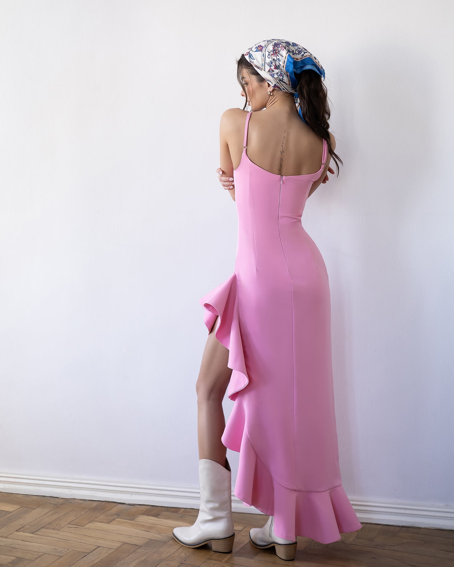 Bianca Dusty-Pink Asymmetric Ruffled Slip Midi Dress - side view | ELAGIA