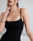 Bianca Black Asymmetric Ruffled Slip Midi Dress - close-up detail | ELAGIA