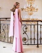 Pink strapless neck scarf draped maxi in crepe fabric, back view displaying draped scarf detail