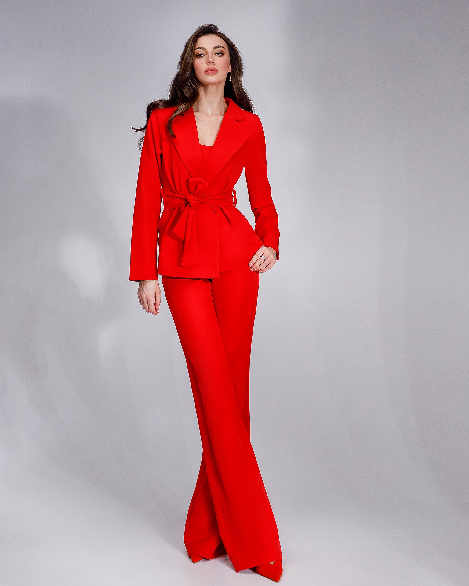Red Belted Wide-Leg Suit 3-Piece