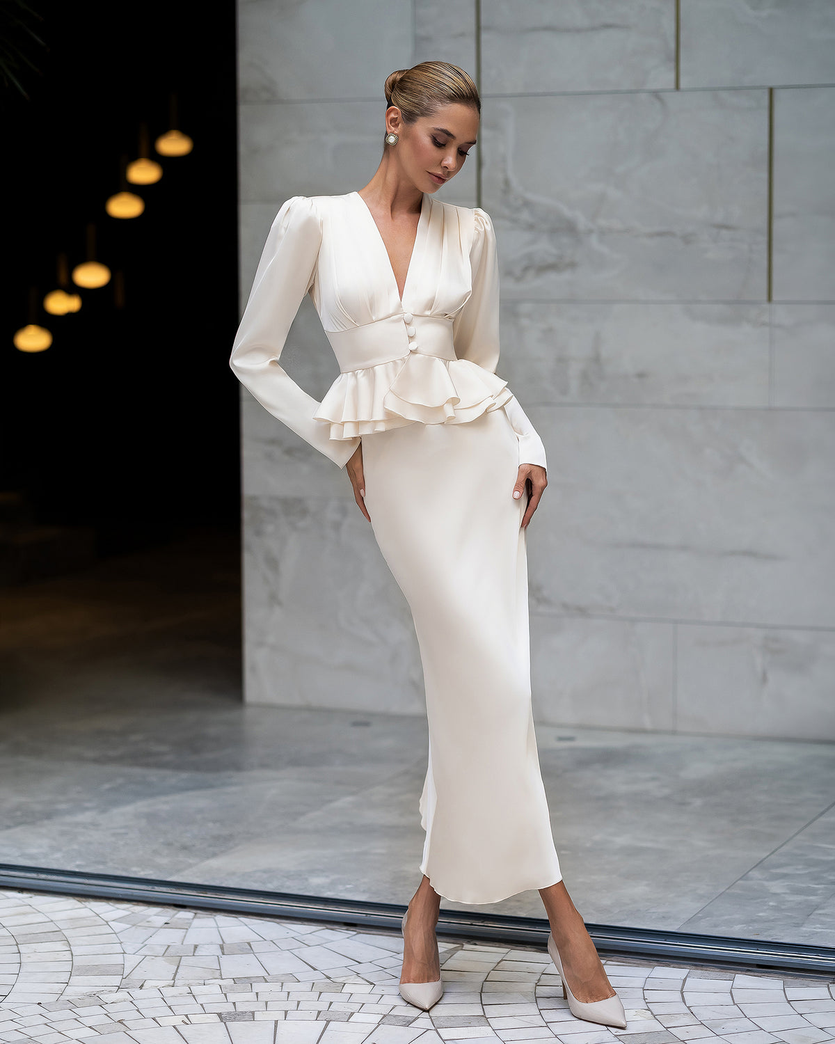 Emmanuelle Beige Satin Deep V-Neck Peplum Mini Skirt 2-Piece Set