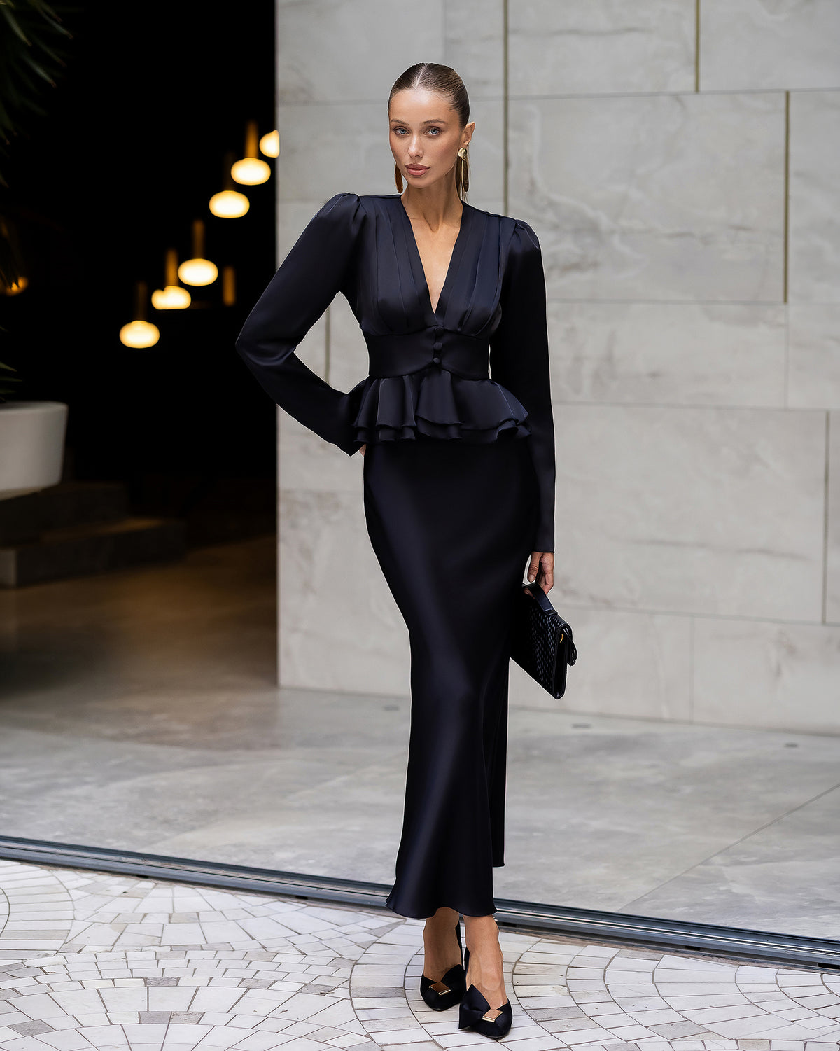 Emmanuelle Black Satin Deep V-Neck Peplum Mini Skirt 2-Piece Set