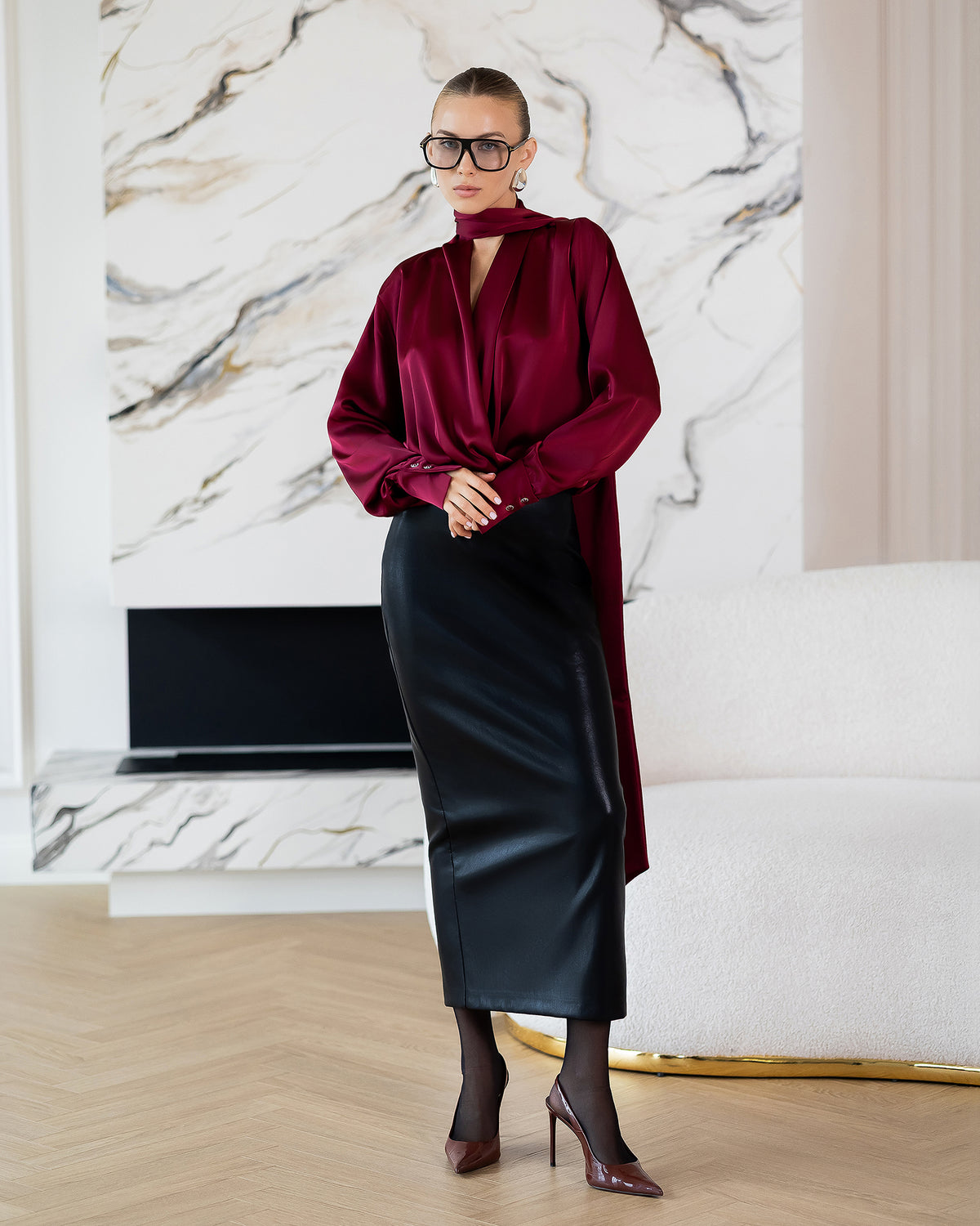 Yvette Bordeaux Satin V-Neck Long-Sleeve Blouse