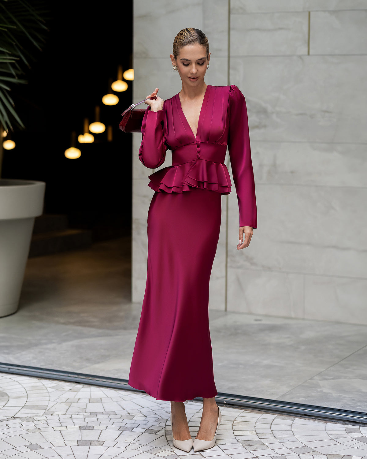Emmanuelle Bordeaux Satin Deep V-Neck Peplum Mini Skirt 2-Piece Set