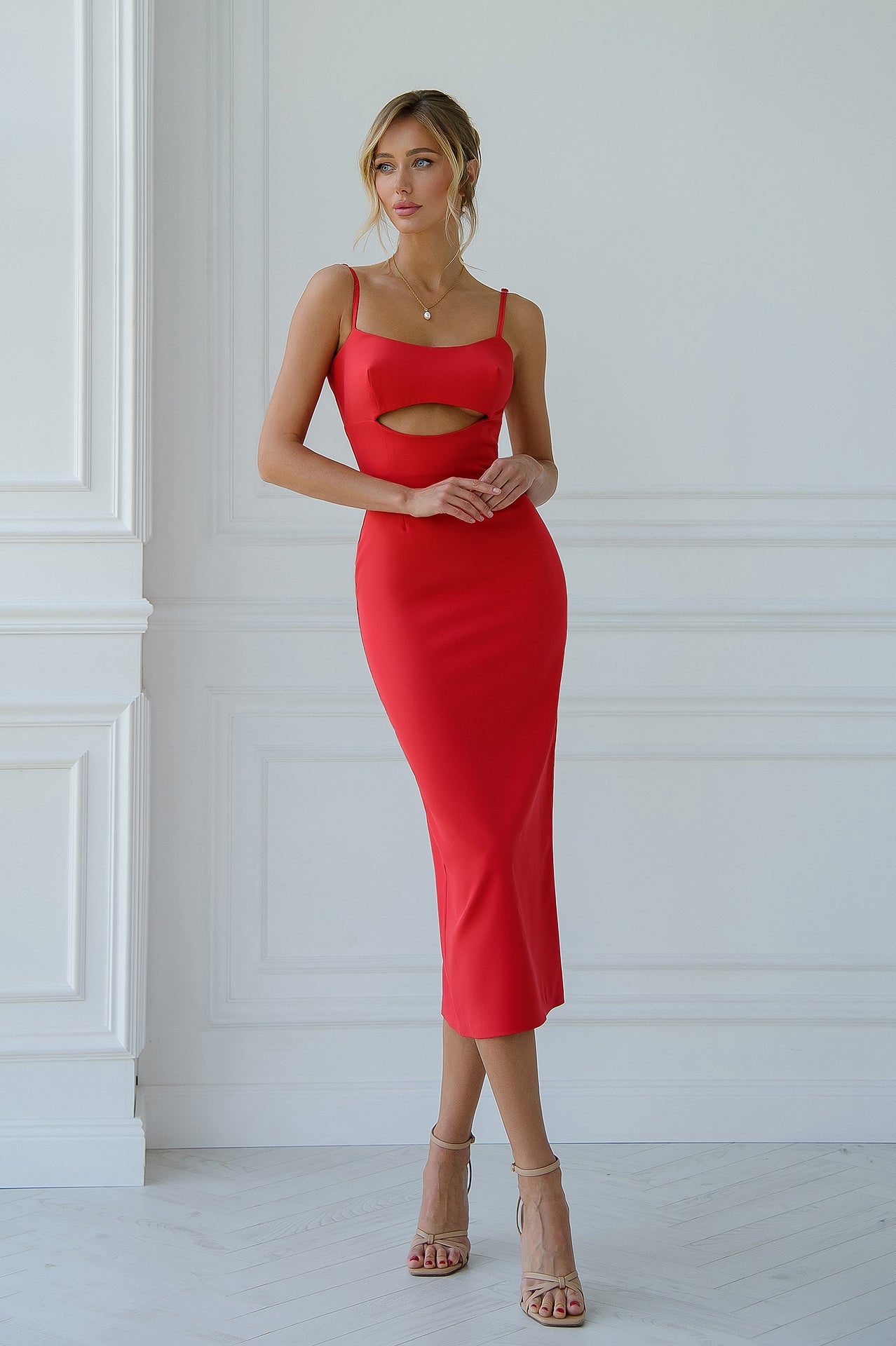 Red Strappy Cut-Out Midi Dress