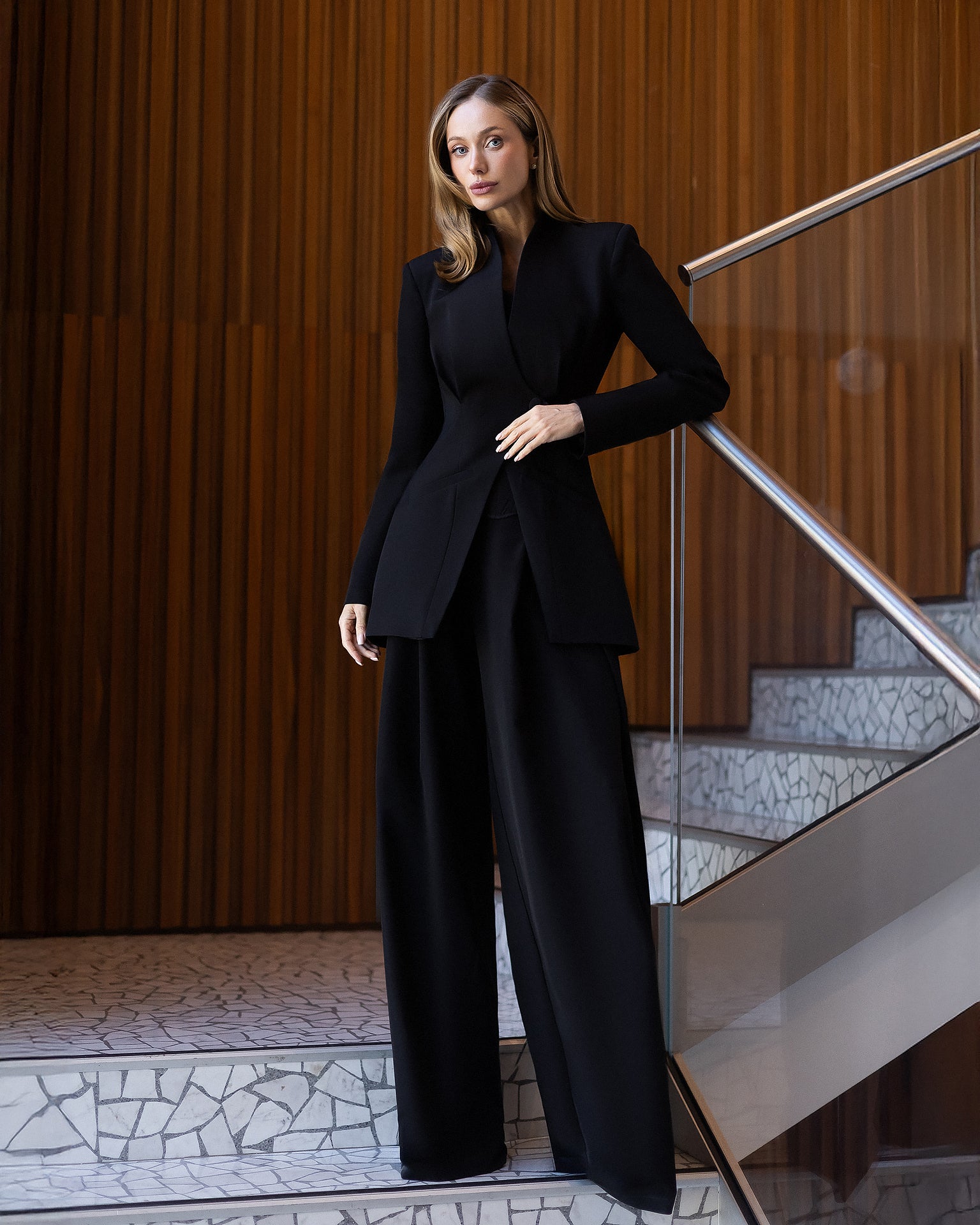 ELAGIA Avra Black Asymmetric Double-Breasted Longline Blazer Suit 2-Piece button detail - purple business suit women style