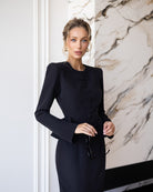 ELAGIA Paola Black Button-Detail Long Sleeve Peplum Midi Dress detail view - 3 piece women's suit purple business suit