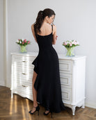 Bianca Black Asymmetric Ruffled Slip Midi Dress - side view | ELAGIA