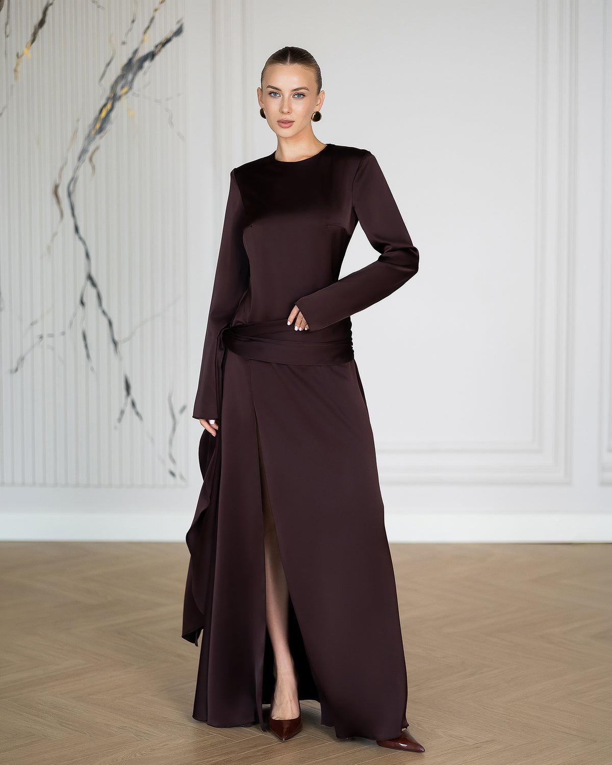 Leda Brown Satin Puff-Sleeve Ruched High-Slit Maxi Dress