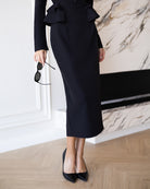 ELAGIA Paola Black Button-Detail Long Sleeve Peplum Midi Dress detail view - 3 piece women's suit purple business suit