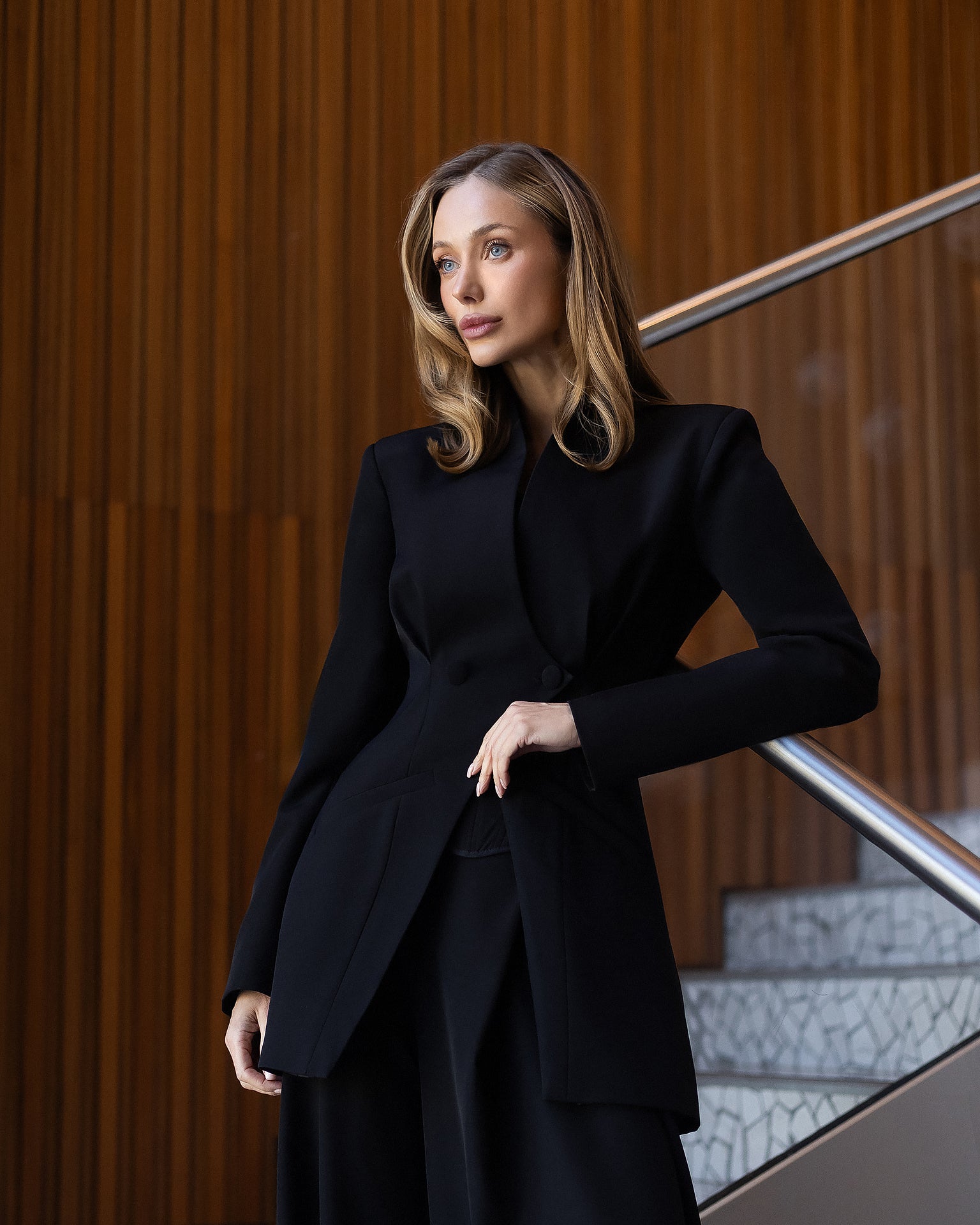 ELAGIA Avra Black Asymmetric Double-Breasted Longline Blazer Suit 2-Piece lapel detail - purple business suit women cut