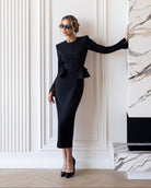 ELAGIA Paola Black Button-Detail Long Sleeve Peplum Midi Dress front view - 3 piece women's suit purple business suit