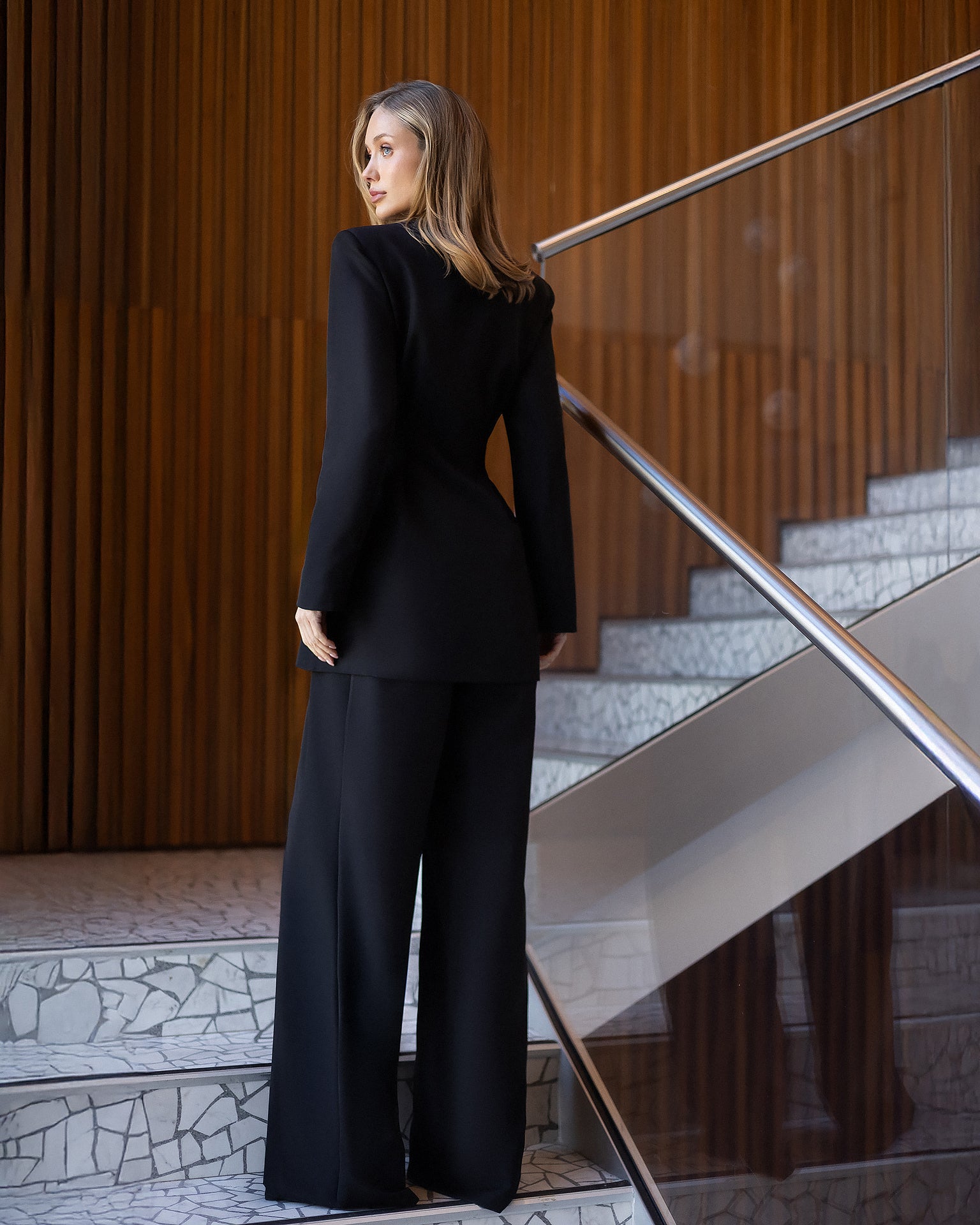 ELAGIA Avra Black Asymmetric Double-Breasted Longline Blazer Suit 2-Piece sleeve detail - 3 piece women's suit design