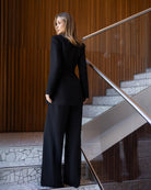 ELAGIA Avra Black Asymmetric Double-Breasted Longline Blazer Suit 2-Piece sleeve detail - 3 piece women's suit design