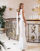 White Strapless Neck Scarf Draped Maxi – Crepe corseted length, full-length view