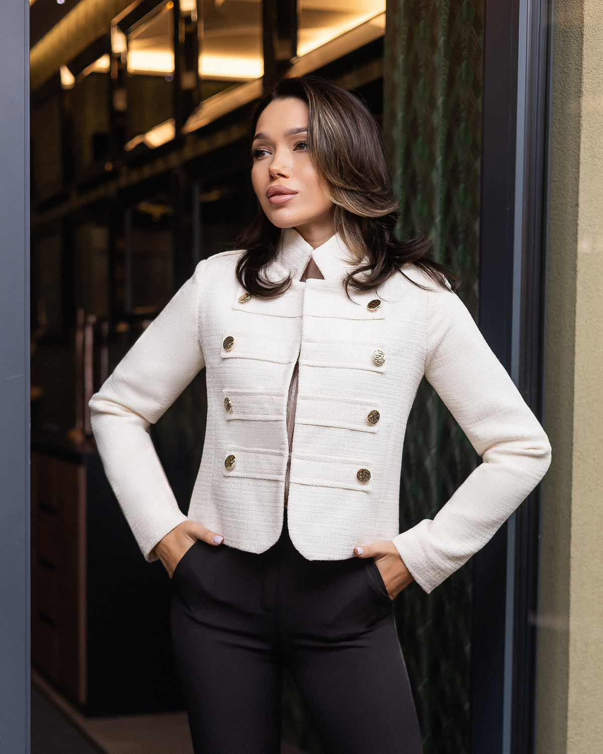 Ottavia White Bouclé Tweed Double-Breasted Cropped Blazer