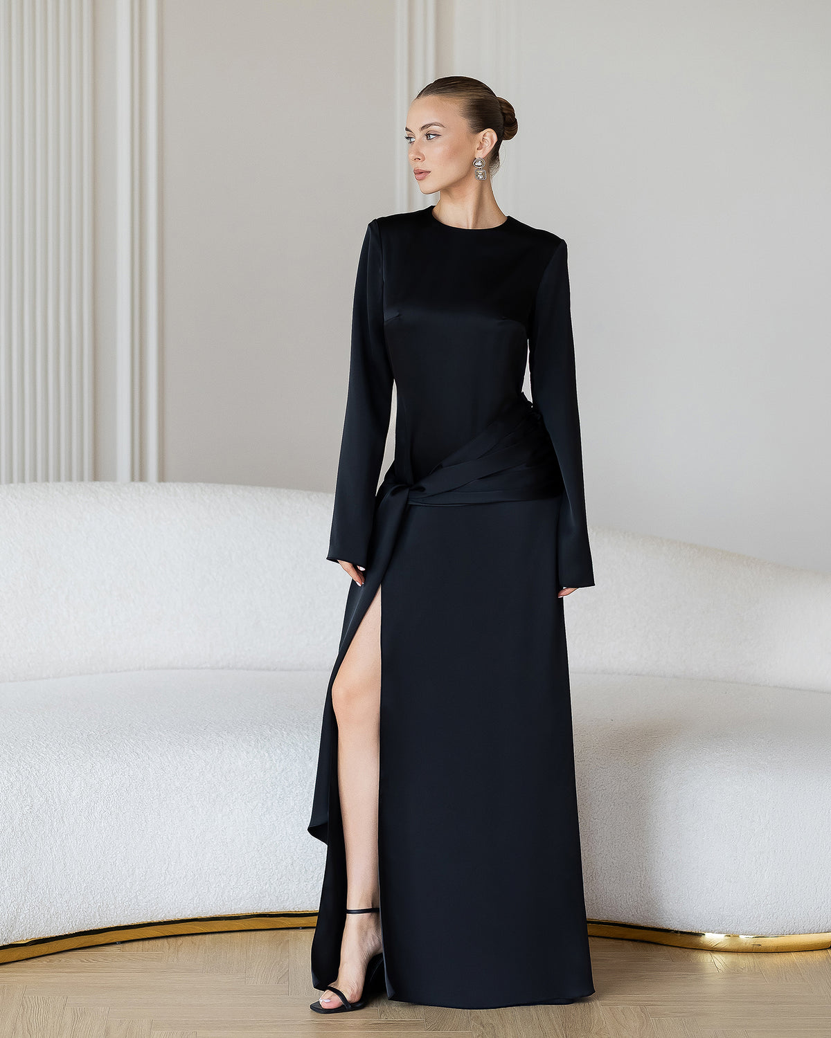 Leda Black Satin Puff-Sleeve Ruched High-Slit Maxi Dress