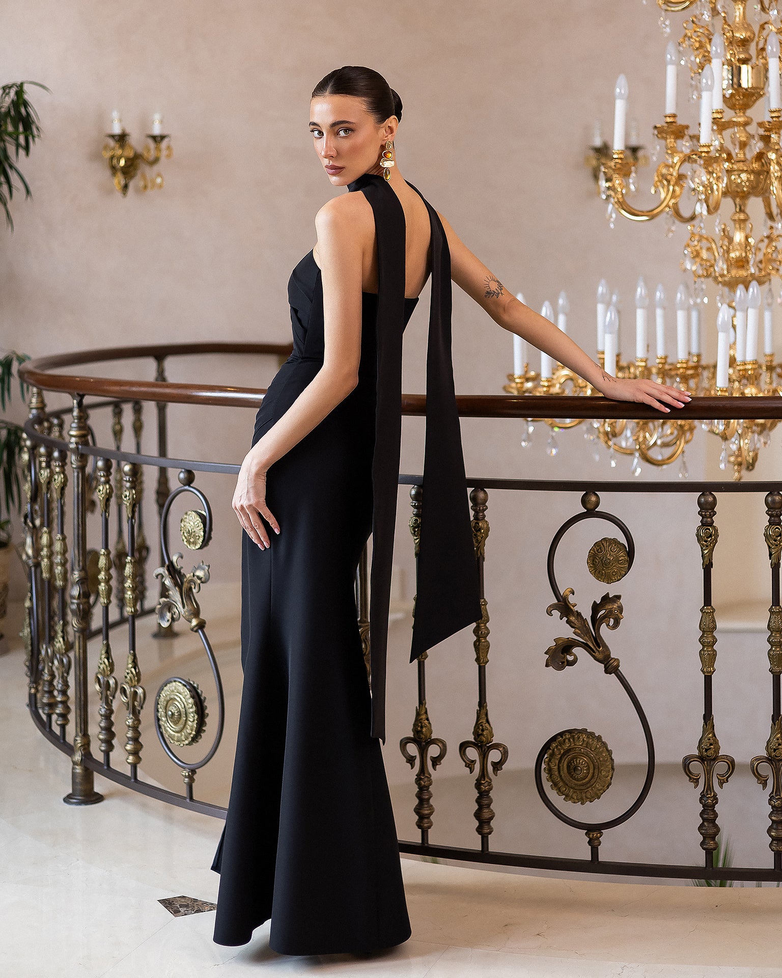 Black strapless neck scarf draped maxi – crepe corseted back detail, rear view