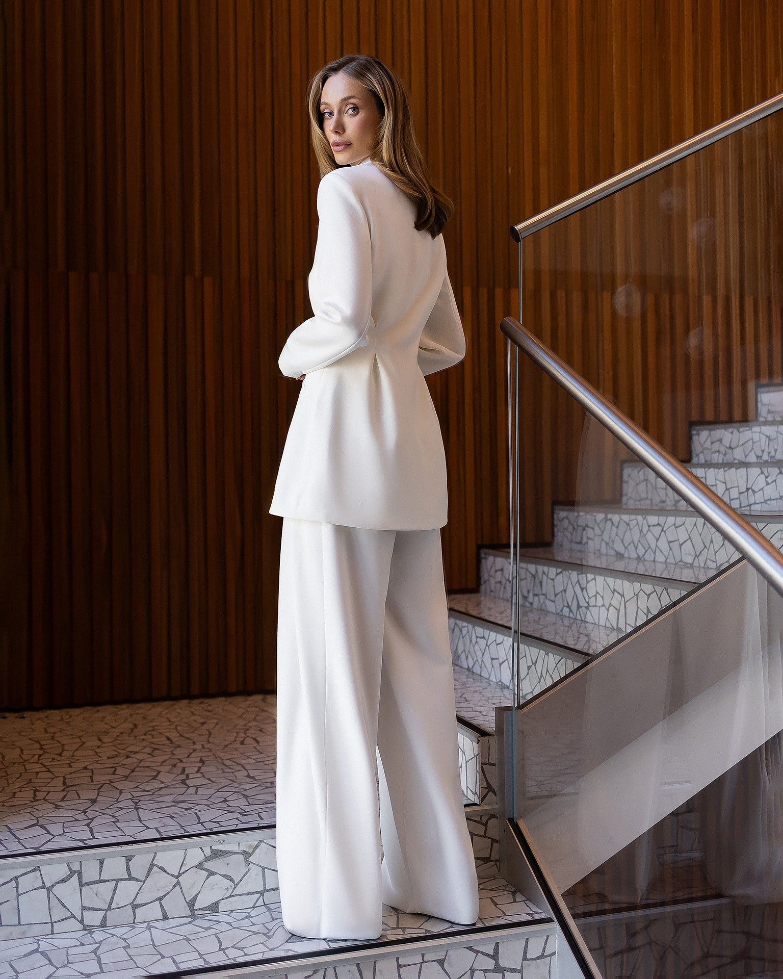 ELAGIA Avra White Asymmetric Double-Breasted Longline Blazer Suit 2-Piece front view - 3 piece women's suit style