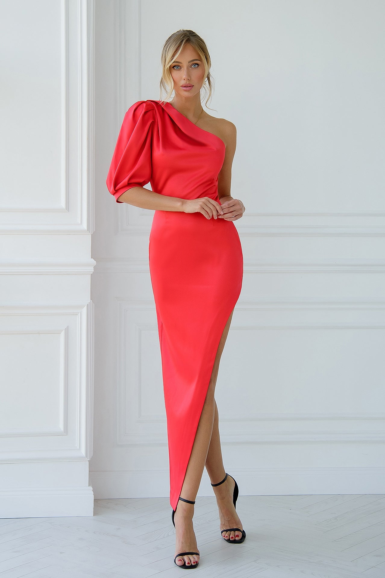 Red Satin One-Shoulder Midi Dress