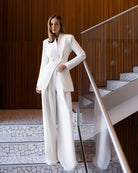 ELAGIA Avra White Asymmetric Double-Breasted Longline Blazer Suit 2-Piece front view - 3 piece women's suit style