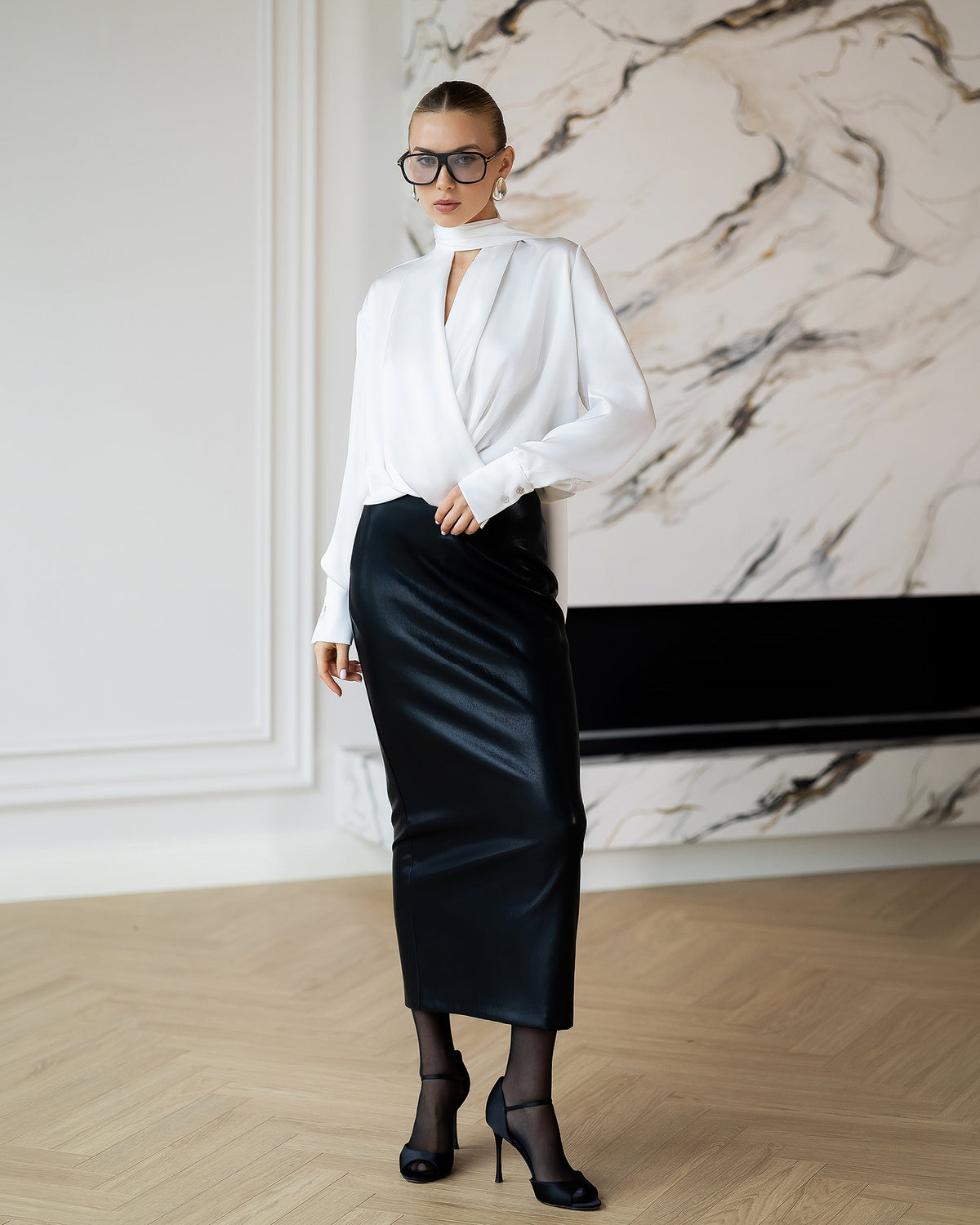 Yvette White Satin V-Neck Long-Sleeve Blouse