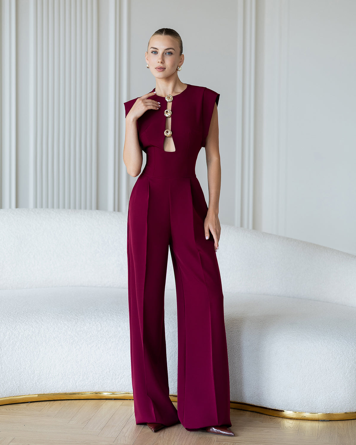 Semeli Bordeaux Cut-Out Wide-Leg Sleeveless Jumpsuit