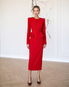 ELAGIA Paola Red Button-Detail Long Sleeve Peplum Midi Dress back view - 3 piece women's suit purple business suit women