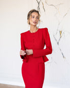 ELAGIA Paola Red Button-Detail Long Sleeve Peplum Midi Dress detail view - 3 piece women's suit purple business suit women