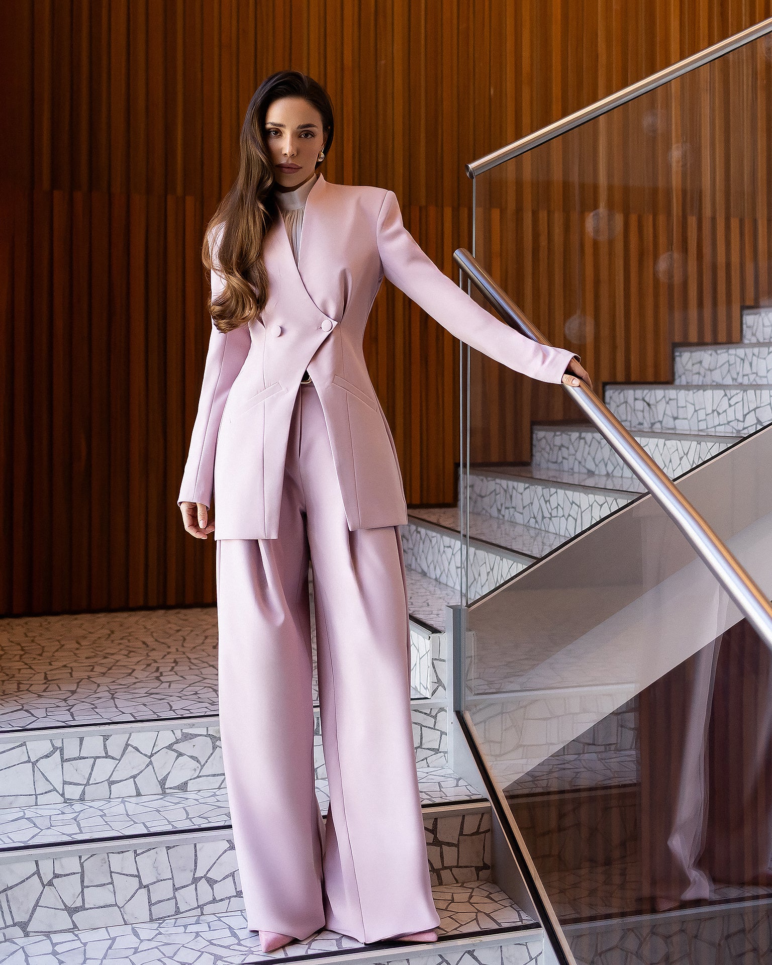 ELAGIA Avra dusty-pink asymmetric double-breasted longline blazer suit 2-piece front view - 3 piece women's suit
