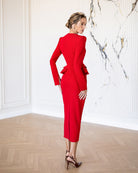 ELAGIA Paola Red Button-Detail Long Sleeve Peplum Midi Dress detail view - 3 piece women's suit purple business suit women