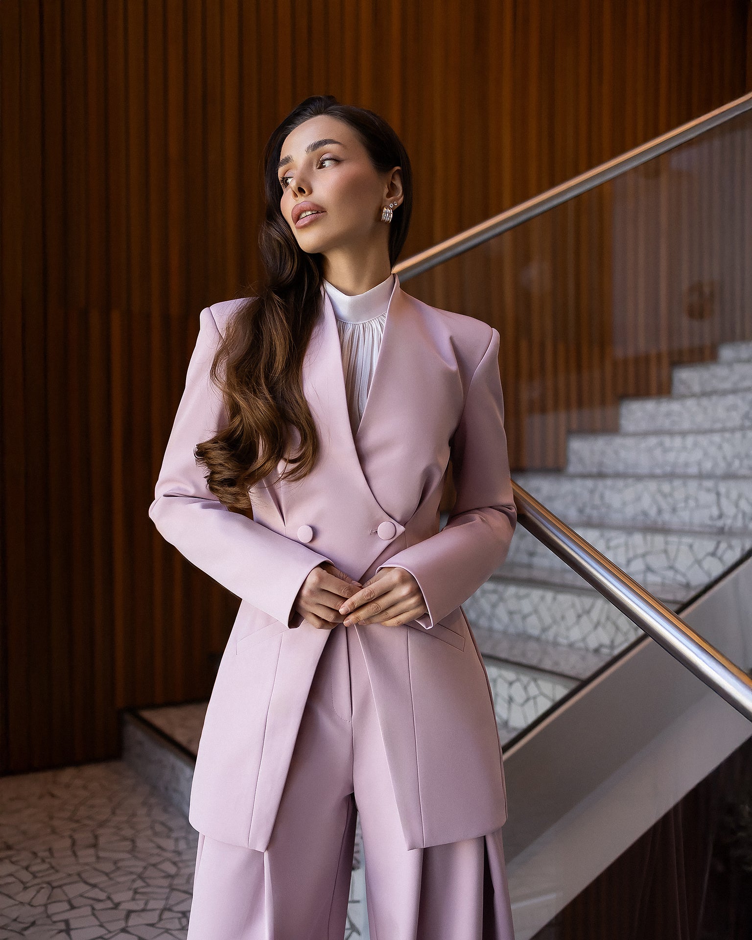 ELAGIA Avra dusty-pink asymmetric double-breasted longline blazer suit 2-piece front view - 3 piece women's suit
